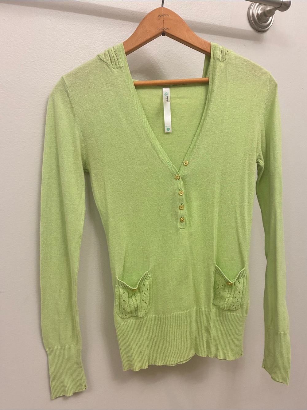 Vintage Y2K Anchor Blue Light green knit hooded henley cardigan sweater Small